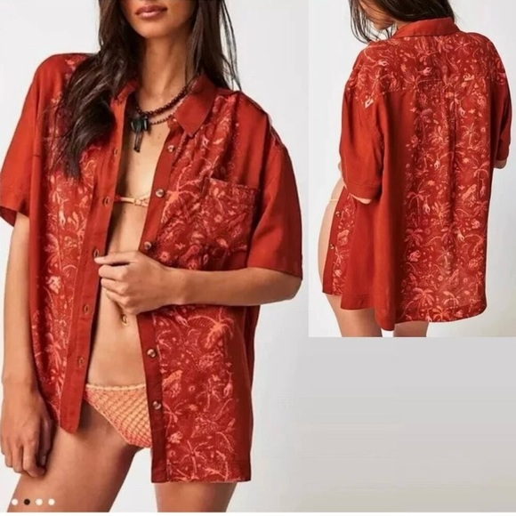 We The Free Share Good Vibes Button Down Shirt Rust Orange Boho Size L - Picture 1 of 12
